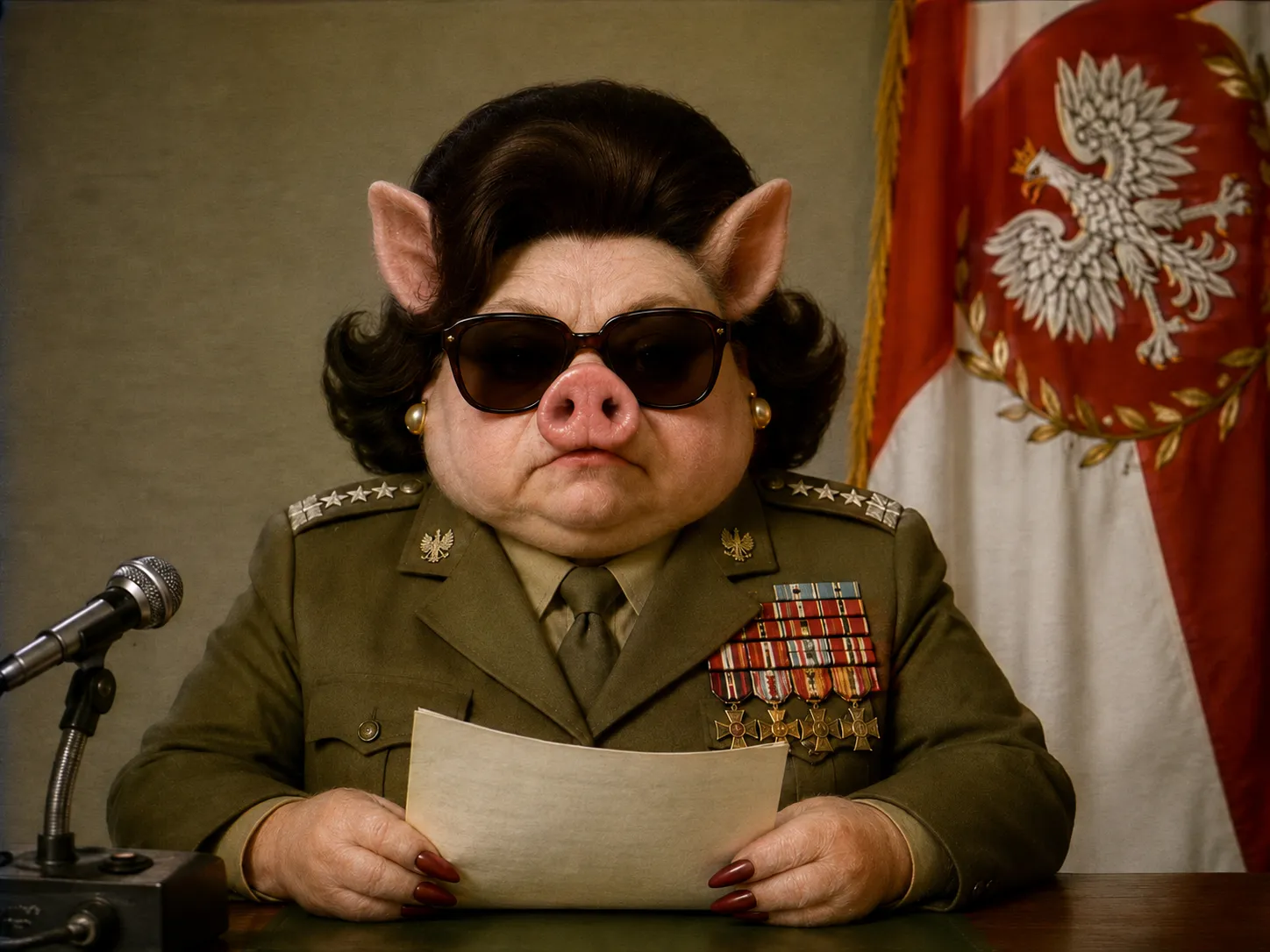 Świnia w generalskim mundurze i ciemnych okularach przemawia na konferencji prasowej na tle polskiej flagi